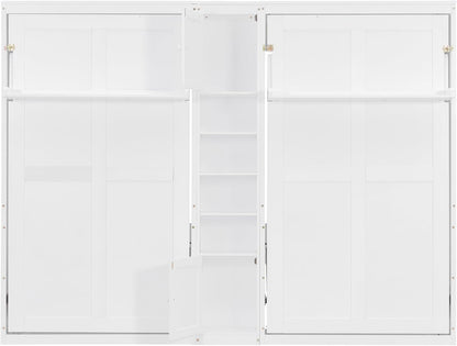 Dual Twin Murphy Bed with Cabinets and Shelves, Space Saving Wall Bed with Storage, Foldable Twin Beds with Convertible Shelf Legs for Guest Room, Small Space, White10