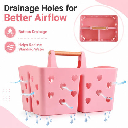 Pink Portable Shower Caddy, Plastic Basket Organizer with Wooden Handle3