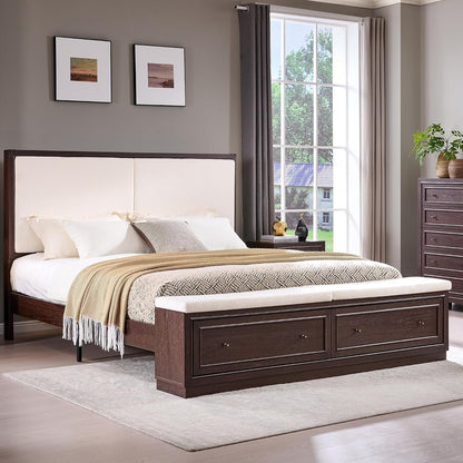 King Bed Frame W/Upholstered Headboard,Storage Bench,Walnut8