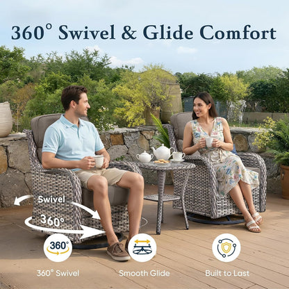 Luxury 6" Thick Cushioned 10 Pieces Patio Furniture Set with Fire Pit Table, Wicker Outdoor Conversation Set with High Back Swivel Rocker Chairs for Deck Porch Yard and Poolside - Grey+Grey3