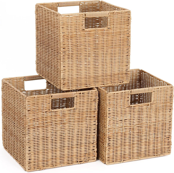 10.5 X 10.5 in Plastic Wicker Baskets for Cube Storage, Collapsible Square Wicker Storage Basket Set of 3, Rattan Storage Cube, Square Baskets for Shelves - Khaki1