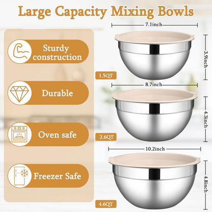 Mixing Bowls with Lids Set, 3 Packs Stainless Steel Metal Bowls2