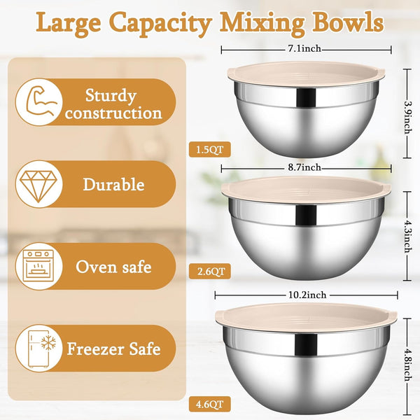 Mixing Bowls with Lids Set, 3 Packs Stainless Steel Metal Bowls2