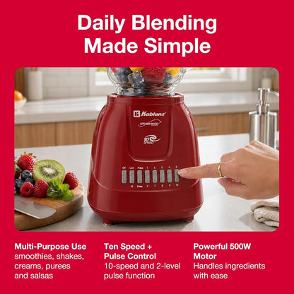 LKM-5970 VR Blender, Home and Kitchen Appliances, 500W Motor, 51 Oz | Glass Jar, 10-Speed, Blender for Smoothies, Milkshakes, Purees, 4 Stainless Steel Blades, Metal Coupling, Red, for Gifts3