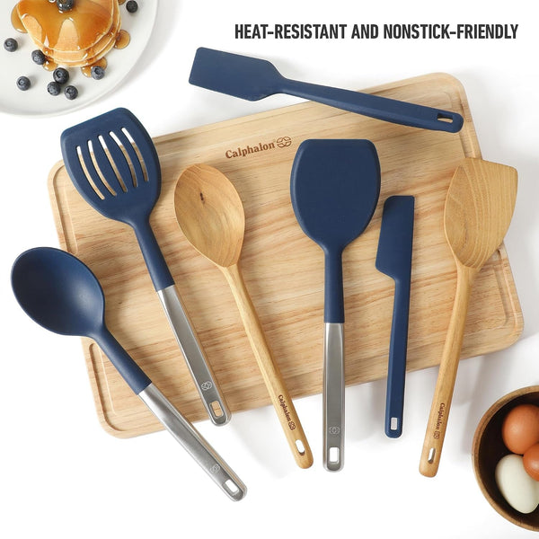 Calphalon Prime 7-Piece Silicone and Teak Wood Kitchen Tool Set, Stainless Steel Kitchen Utensil Set, Kitchen Spoon and Spatula Set, Heat Resistant Non-Slip Kitchen Gadgets Set - Navy Blue3