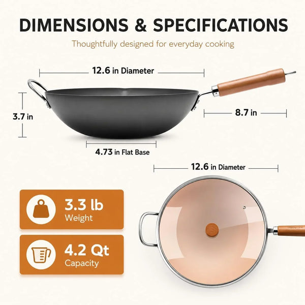 12.6 Inch Carbon Steel Wok with Lid, Flat Bottom Wok Pan for Induction, Electric and Gas Stoves, Uncoated Chinese Stir Fry Pan with Wooden Handle5