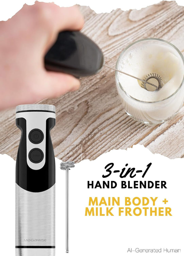 Hand Blender, Immersion Blender Handheld 12-Speed with 80% Sharper Blades, Titanium Reinforced Stainless Steel 3-In-1 Immersion Blender,Includes Whisk and Milk Frother (3-In 1 Black)6