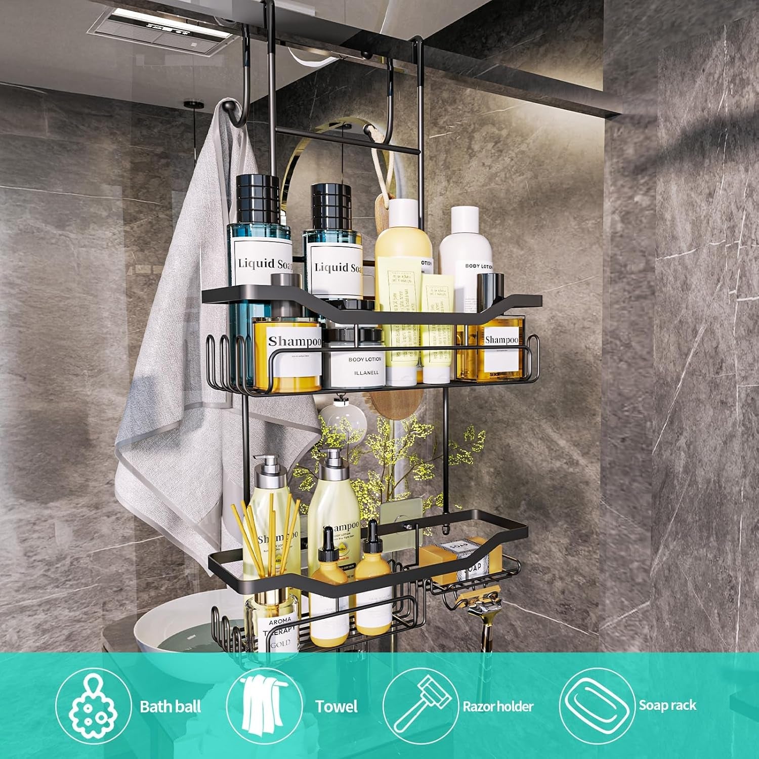 hanging-shower-caddy-over-the-door-with-soap-holder-no-drilling-adhesive-shower-organizer-with-11-hooks-rustproof-waterproof-304-stainless-steel-bathroom-shelves-black