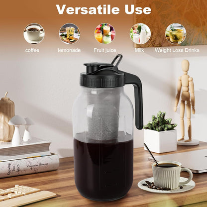 Cold Brew Coffee Maker, 64 Oz Mason Jar Pitcher with Stainless Steel Filter, Pour Spout Handle Lid, Airtight & Leak-Proof for Iced Coffee,Tea & Lemonade6
