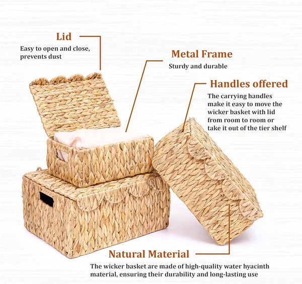 Set of 3 Scalloped Edge Wicker Basket with Lid, Rectangle Wicker Storage Basket with Built-In Handles, Multipurpose Organizer Rattan Display Boxes for Shelf, Nursery Room5