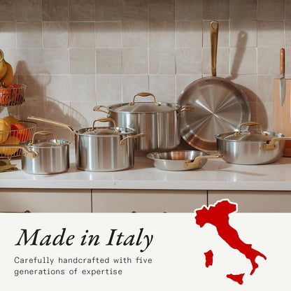 Made in Cookware - 10 Piece Stainless Steel Pot and Pan Set (Antique Brass Handle) - 5 Ply Clad - Includes Stainless Steel Frying Pans, Saucepans, Saucier and Stock Pot W/Lid - Crafted in Italy7