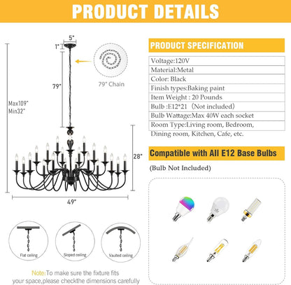 Black Chandelier 21 Light, Large Farmhouse Chandeliers for Dining Room 49"5