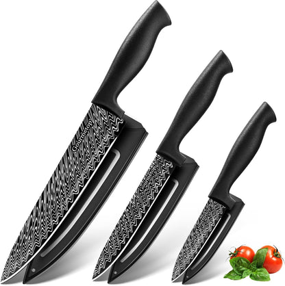 3PCS Kitchen Knife Set with Cover, Sharp Black Knives for Cooking1