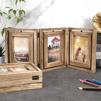 4X6 Picture Frame Rustic Wood Hinged Folding Triple Picture Frames Collage, Double-Sided Display Rotatable High Definition Glass Photo Frame for Home Tabletop(Carbonized Black)3