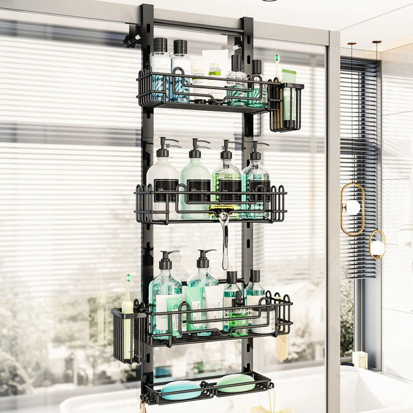 over the Door Shower Caddy - 4-Tier Hanging Shower Organizer with 22 Hooks and 2 Toothbrush Holders, No Drilling Adjustable Hanging Shelves for Bathroom - Black1