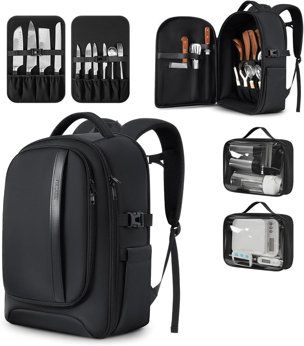 Chef Knife Backpack with Waterproof Pocket, 30+ Pockets for Knives and Tools, Knife Bags for Chefs Professional Culinary Apprentice Private Chefs, Pocket for Tablet Laptop (Knife Not Included)1