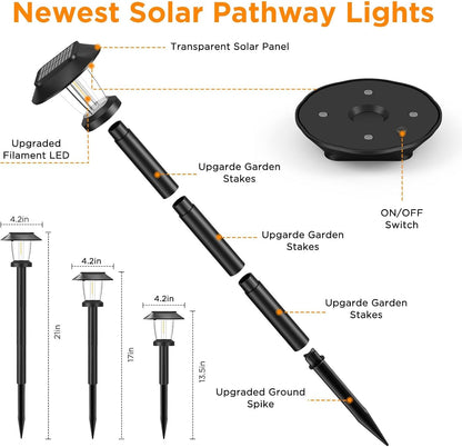 Solar Pathway Lights Outdoor, 8 Pack Warm White Tungsten Filament Solar Lights, 3 Lighting Modes, Auto On/Off, IP65 Waterproof, Dusk to Dawn Solar Garden Lights for Yard, Driveway, Lawn & Landscape7