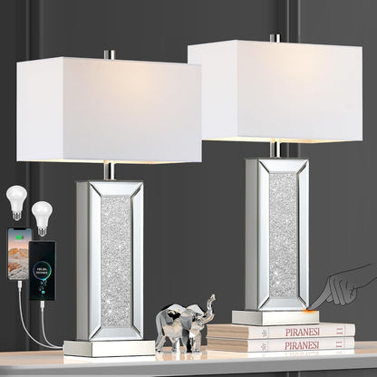 Modern Table Lamp Set of 2 Touch Control, Silver Mirror Diamond Crystal Bedside Lamp with USB C+A Ports, 3-Way Dimmable Mirrored Nightstand Lamps White Fabric Shade for Living Room Bedroom Art Decor1