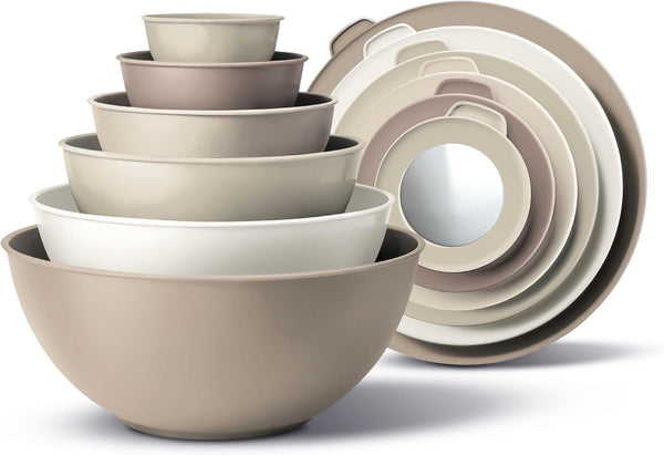Mixing Bowls with TPR Lids - 12 Piece Plastic Nesting Bowls Set Includes 6 Prep Bowls and 6 Lids, Microwave Safe (Brown)1