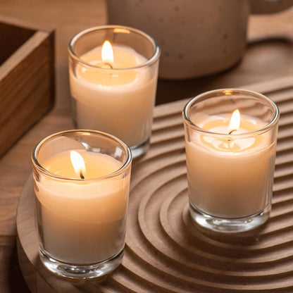 24 Pack Warm White Unscented Clear Glass Filled Votive Candles. Hand Poured Wax Candle Ideal Gifts for Aromatherapy Spa Weddings Birthdays Holidays Party7