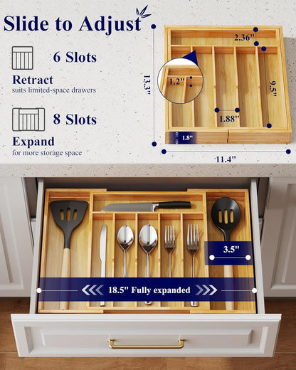 Silverware Organizer, Bamboo Kitchen Drawer Tray, Natural, Large3