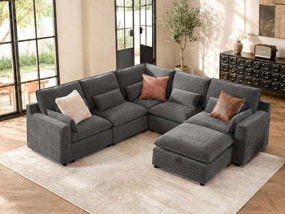 Modern Modular Sectional Sofa,105" V Shape Sectional Cloud Couch with Storage Ottoman,Comfty 6 Seat Sofa for Living Room,Grey Chenille1