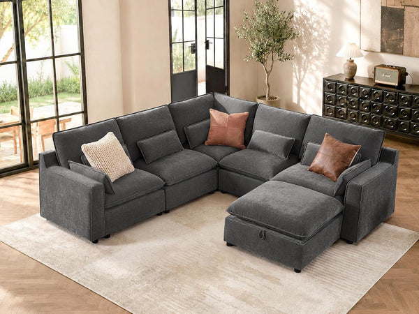 Modern Modular Sectional Sofa,105" V Shape Sectional Cloud Couch with Storage Ottoman,Comfty 6 Seat Sofa for Living Room,Grey Chenille1
