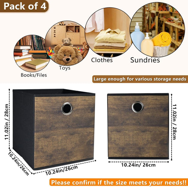 4 Pack Durable Storage Cube Bins with Wood Grain,Thickened Fabric Box,Storage Baskets for Open Shelf,Bookcase,Closet,Storeroom,Bedroom,Living Room,Nursery,Office,Dorm, 10.2X10.2X11In (Small)2