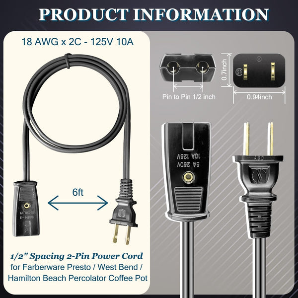 6Ft Long 2 Pin 1/2 Inch Spacing Power Cord for Zojirushi Rice Cooker Electric Cord - Also for Many Rice Cookers and Other Small Appliances3