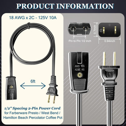 6Ft Power Cord for Zojirushi Rice Cooker Electric Cord 2 Pin 1/2 Inch Spacing Fits Many Rice Cookers and Other Small Appliances2