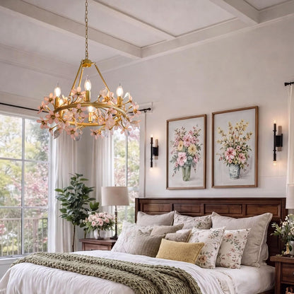 Gold Tree Branch Pink Crystal Chandelier, Grace Flower Chandelier, 6-Light Girl'S Room Chandelier, Hanging Light Fixture Bedroom for Dining Living Room Nursery Kid'S Room Entryway, E12 Bulb Included5