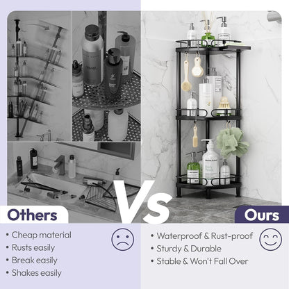Corner Shower Caddy Standing - 3 Tier Rustproof Metal Shower Organizer Stand with Soap Holder and 4 Hooks, Freestanding Floor Shower Storage Stands for Bathroom, Black4