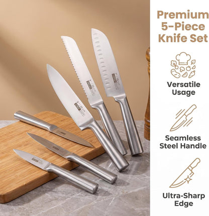 5-Piece Stainless Steel Chef Knife Set - Ultra-Sharp Blades for Easy Cutting Meat/Veggies/Fruits - Ergonomic Handles, Dishwasher Safe, Rust-Resistant (Home/Pro Use)6