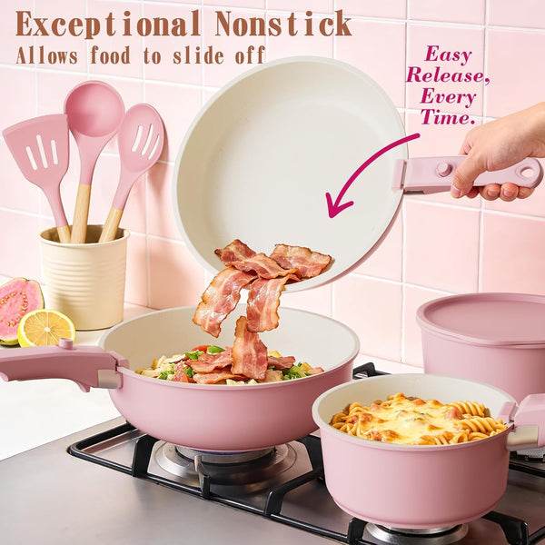 Pots and Pans Set Non Stick, 21 Pcs Nonstick Ceramic Cookware Set, RV Kitchen Cooking Set with Detachable Handles, Oven Safe, Induction Cookware, Stackable, Pink, PFAS PFOA & PTFE Free4
