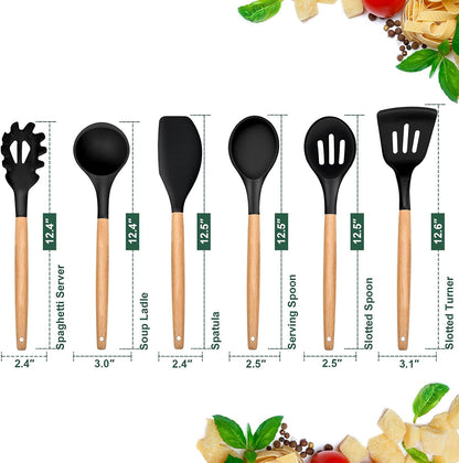 Cooking Utensils Set of 6, Silicone Kitchen Utensils with Wooden Handle, Non-Stick Cookware Friendly & Heat Resistant, Includes Spatula/Ladle/Slotted Turner/Serving Spoon/Spaghetti Server(Black)2