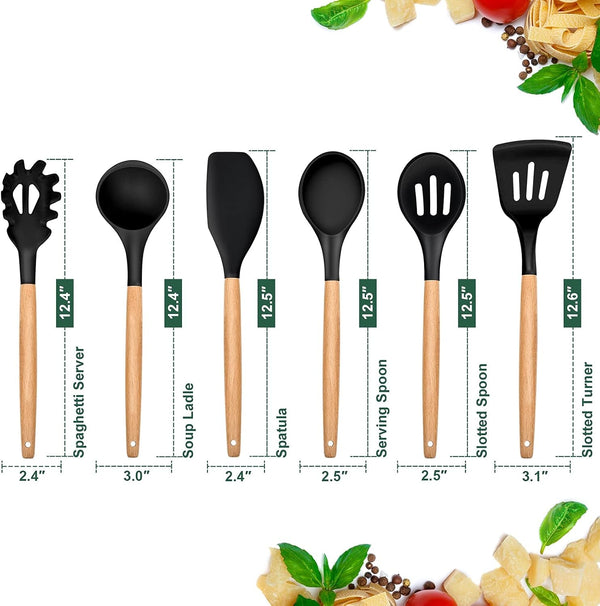 Cooking Utensils Set of 6, Silicone Kitchen Utensils with Wooden Handle, Non-Stick Cookware Friendly & Heat Resistant, Includes Spatula/Ladle/Slotted Turner/Serving Spoon/Spaghetti Server(Black)2