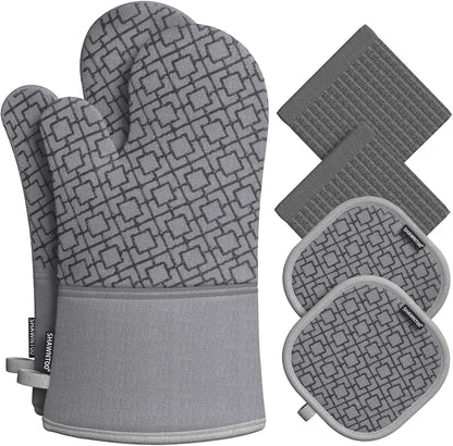 Oven Mitts and Pot Holders Sets 6Pcs, Kitchen Oven Glove,High Heat Resistant 550 Degree Extra Long Oven Mitts and Potholders with Non-Slip Silicone Surface for Home Essentials (Grey) (Gray)1