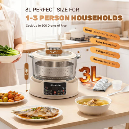 Low Carb Rice Cooker 3L with Auto Lift Filter Basket, Glass Pot | Healthy Low Sugar Rice Maker 700W, Digital Touch Control, 12H Timer & Keep Warm, Steamer for Porridge, Soup, Oats, Grains5