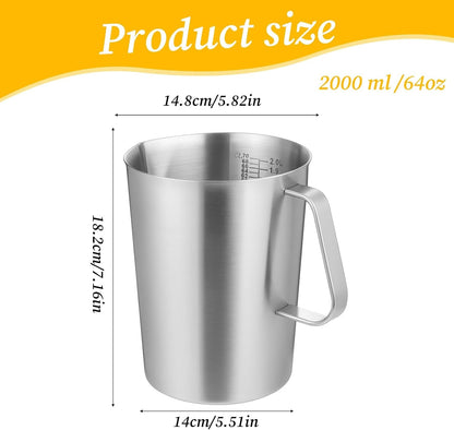Stainless Steel Measuring Cup with Handle and Pour Lip, 2000Ml 70OZ Metal Pitcher with Oz and ML Marking, Heavy-Duty Milk Frothing Jug for Coffee Latte Art, Commercial and Home Kitchen2