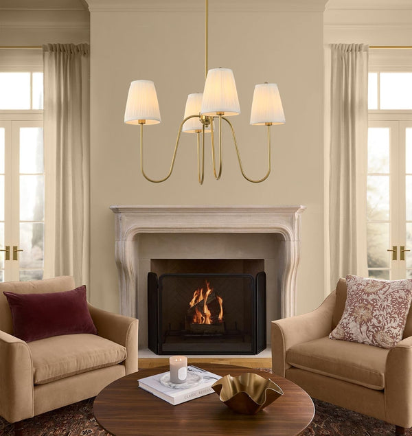;27"Dia 4-Arm White Pleated Fabric Shade Chandelier Polished Gold7