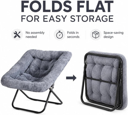 Oversized Square Moon Chair for Adults, Soft Faux Fur Folding Lounge Chair with Sturdy Steel Frame, Comfortable Reading Gaming Chair for Living Room, Bedroom, Grey7