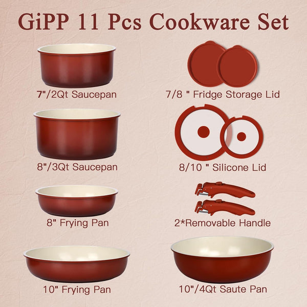 11PCS Ceramic Pots and Pans Set Non Stick, Nonstick Cookware Set Detachable Handle, Red Black Gradien Pots and Pans Induction Kitchen Cooking Sets, RV Cookware Sets for All Stoves3