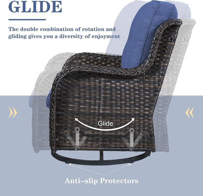 Wicker Outdoor Furniture Patio Furniture Set - 6 Piece Patio Conversation Set with Swivel Rocker Chairs, Rattan Sofa, Ottomans and Coffee Table, Blue Cushion7