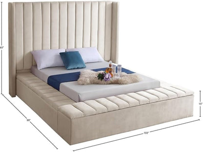 Meridian Furniture Kiki Collection Modern | Contemporary Velvet Upholsterd Bed with Channel Tufting, Siderails and Footboard Storage Compartments, King, Cream3