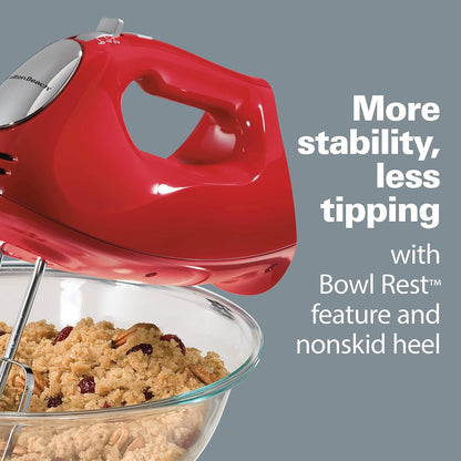 6-Speed Electric Hand Mixer with Quickburst and Bowl Rest | 275 Watt Motor | Traditional Beaters | Whisk | Dough Hooks | Snap-On Storage Case | Red | 62633G6