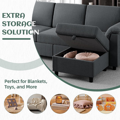Convertible Sectional Sofa Couch, 3 Seat L Shaped Sofa with Removable Pillows Soft Corduroy Fabric Small Couches Mid Century for Living Room, Apartment and Office (Gray)5