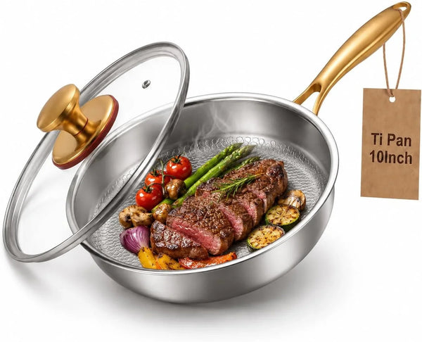 Titanium Pans for Cooking | 10" Pure Titanium Hammered Pro Frying Au Gratin Pan with Lid | Non-Toxic Skillet | PFAS/PFOA/PTFE Free Cookware | Dishwasher&Oven Safe1