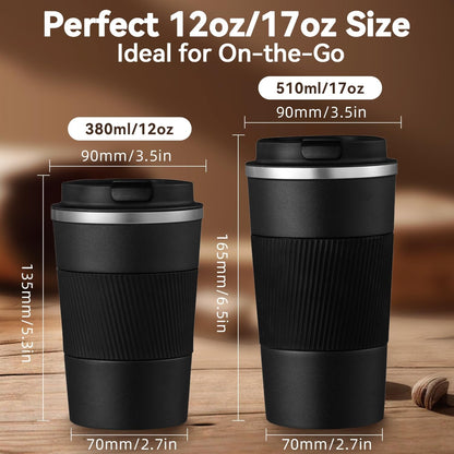 12OZ Travel Coffee Mug Insulated Coffee Cup with Spill Leak Proof Lid, Portable Stainless Steel Tumbler Reusable Hot and Cold Water Mug for Car, Daily, Camping-Black2