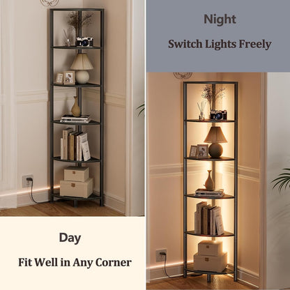 6 Tier Corner Shelf with LED Light, 67.5" Black Narrow Bookshelf | Tall Standing Shelf Organizer, Storage Rack for Wall Corner, Living Room, Bedroom, Metal Frame, Wood Display Shelf8