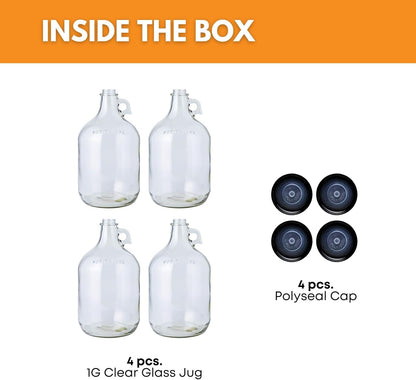 1 Gallon Glass Jug 4 Pack with Polyseal Caps | 128 Oz | Laundry Container | Clear Glass Jugs with Lids 1 Gallon for Water, Juice, Syrups and Household Storage | with Sturdy Handles and Reusable Design2